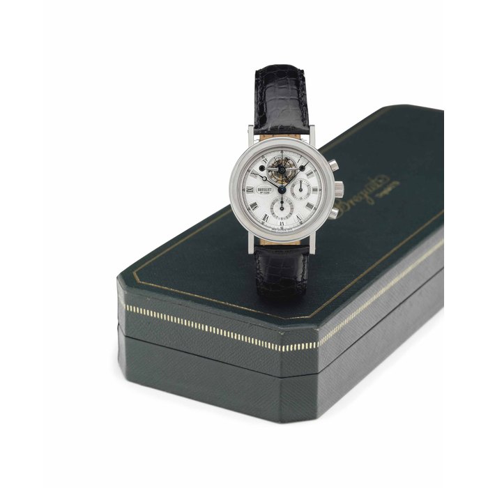 Breguet. A Fine 18k White Gold Chronograph Tourbillon Wristwatch SIGNED BREGUET, CLASSIQUE MODEL, REF. 3577, MOVEMENT NO. 0370, CASE NO. 1529 L, CIRCA 2002