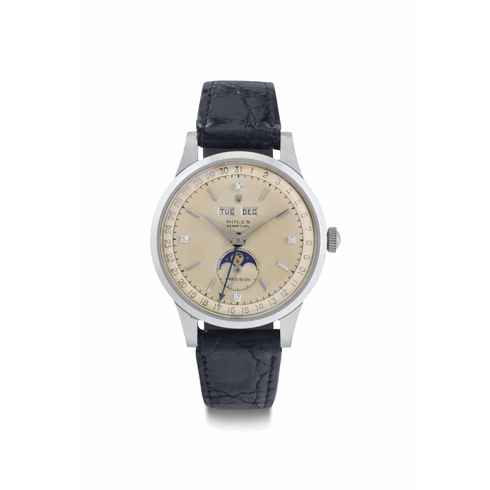 Rolex. An Extremely Rare and Fine Stainless Steel and Diamond-Set Automatic Triple Calendar Wristwatch with Moon Phases SIGNED ROLEX, PERPETUAL, PRECISION, REF. 8171, CASE NO. 902'514, CIRCA 1953