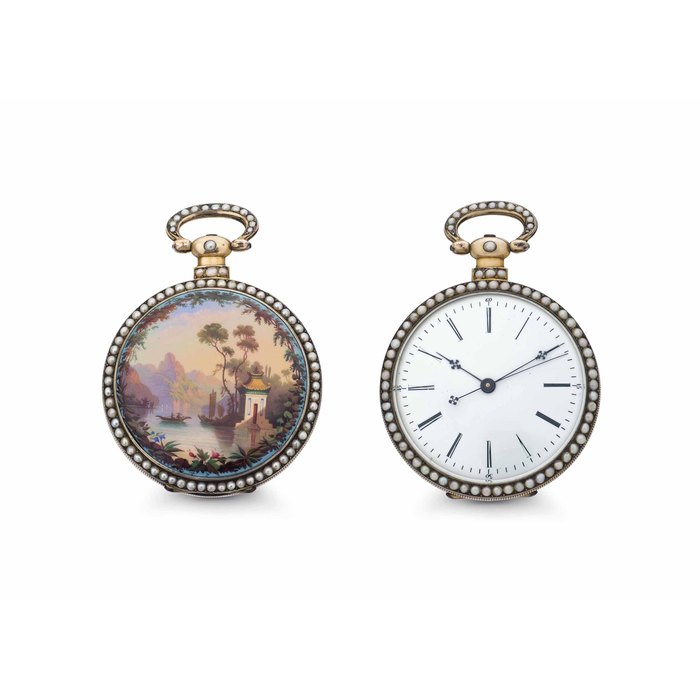 Bovet. A Fine and Rare Gilt, Enamel and Pearl-set Openface Duplex Pocket Watch with Center Seconds Made for the Chinese Market SIGNED BOVET FLEURIER, NO. 8570, CIRCA 1875