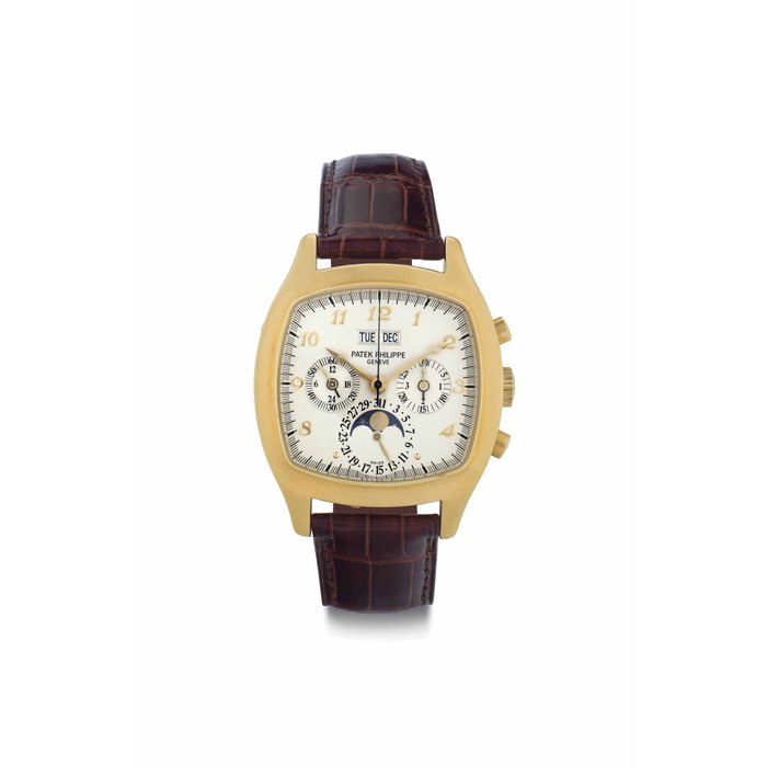 Patek Philippe. A Fine and Rare 18k Gold Cushion-Shaped Perpetual Calendar Chronograph Wristwatch with Moon Phases SIGNED PATEK PHILIPPE, GENÈVE, REF. 5020, MOVEMENT NO. 3'046'342, CASE NO. 2'994'162, MANUFACTURED IN 2001