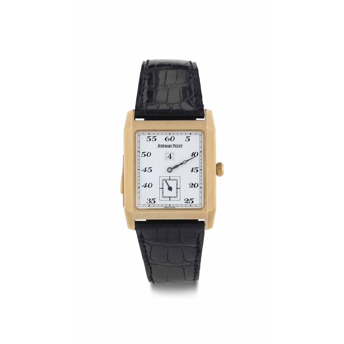 Audemars Piguet. A Fine 18k Gold Rectangular Minute Repeating Jump Hour Wristwatch SIGNED AUDEMARS PIGUET, REPETITION MINUTES MODEL, NO. 85, MOVEMENT NO. 373'191, CASE NO. D22165, CIRCA 1993
