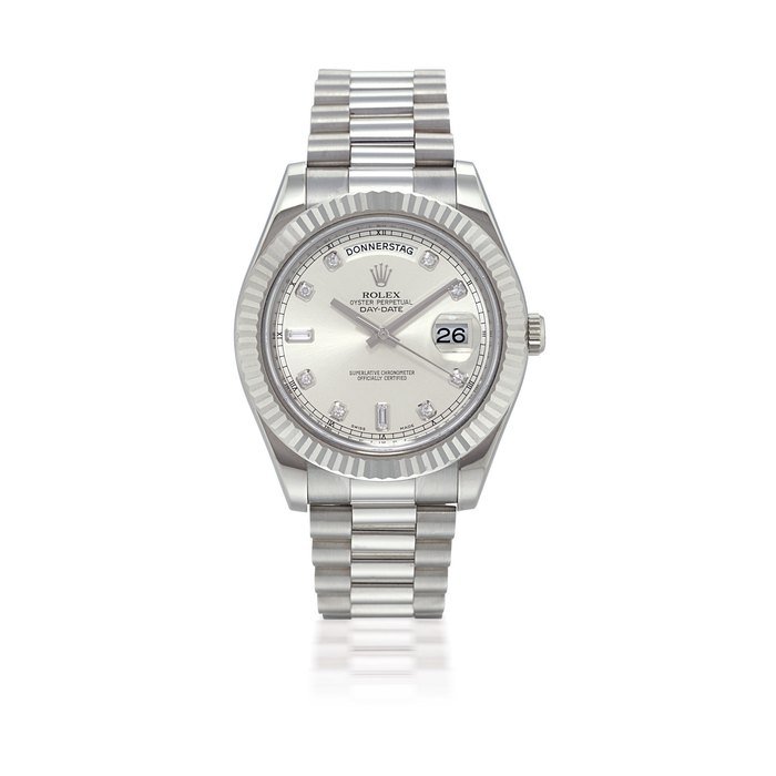 Rolex ROLEX, DAY-DATE, REF. 218239 LARGE WHITE GOLD AUTOMATIC WRISTWATCH WITH DAY, DATE, DIAMOND-SET MARKERS AND BRACELET CASE NO. V196189, CIRCA 2009