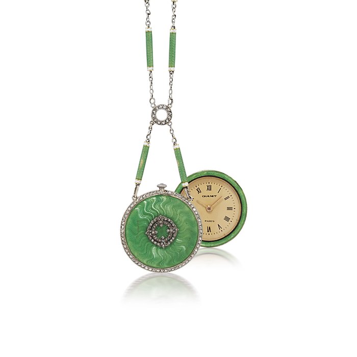 CHAUMET, PARIS WHITE GOLD, ENAMEL AND DIAMOND KEYLESS LEVER PENDANT WATCH WITH CHAIN NO. 75038, CIRCA 1900