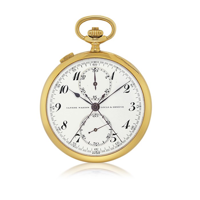 ULYSSE NARDIN YELLOW GOLD SPLIT SECONDS SINGLE BUTTON CHRONOGRAPH OPENFACE KEYLESS LEVER POCKET WATCH MOVEMENT 17292, CASE 371570, CIRCA 1920