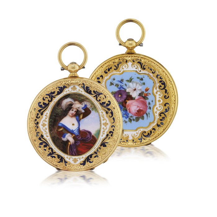 BLONDEL YELLOW GOLD AND ENAMEL HUNTER CASE KEYWOUND PENDANT WATCH CASE 37632, CIRCA 1840