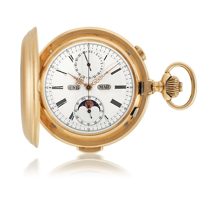 LE PHARE 14K PINK GOLD, HUNTING CASED, MINUTE REPEATING, PERPETUAL CALENDAR KEYLESS LEVER CHRONOGRAPH POCKETWATCH NO. 73704, CIRCA 1900