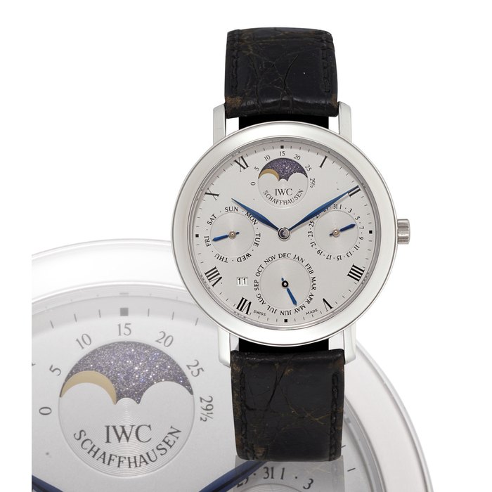 IWC, PORTOFINO PLATINUM MANUALLY-WOUND PERPETUAL CALENDAR WRISTWATCH WITH MOON PHASES CASE 2579025, CIRCA 1990