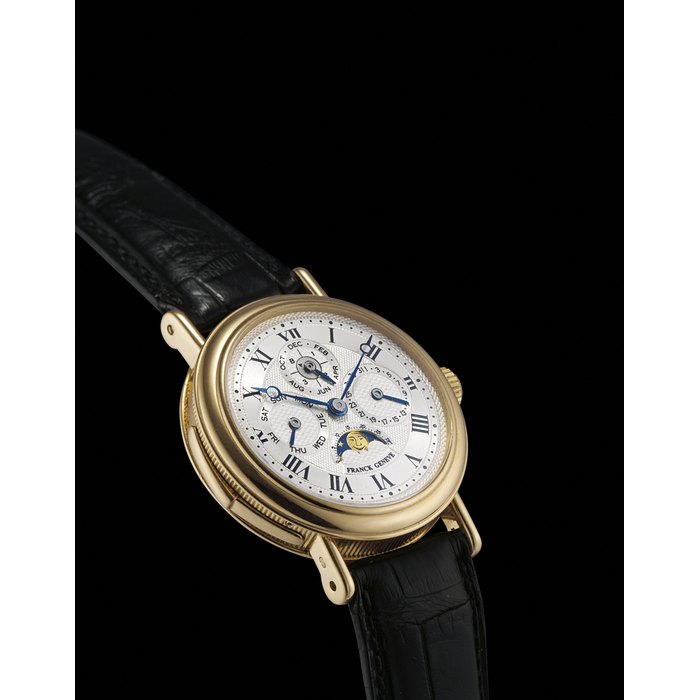 FRANCK MULLER, MINUTE REPEATER PERPETUAL CALENDAR 1987 YELLOW GOLD MANUALLY-WOUND MINUTE REPEATING PERPETUAL CALENDAR WRISTWATCH WITH MOON PHASES CIRCA 1987