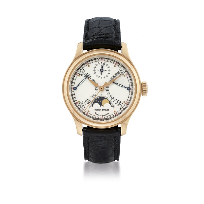  ROGER DUBUIS PINK GOLD AUTOMATIC BI-RETROGRADE PERPETUAL CALENDAR WRISTWATCH WITH MOON PHASES AND LEAP YEAR CIRCA 1996, Price & Market Data