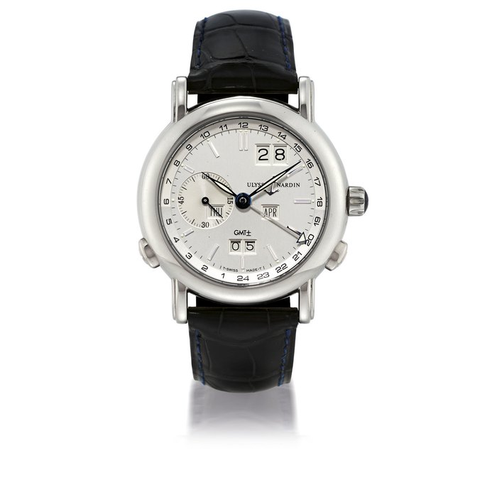 ULYSSE NARDIN, GMT PERPETUAL WHITE GOLD AUTOMATIC PERPETUAL CALENDAR TWO-TIME-ZONE WRISTWATCH NO. 320-22, NO. 055, CIRCA 2002