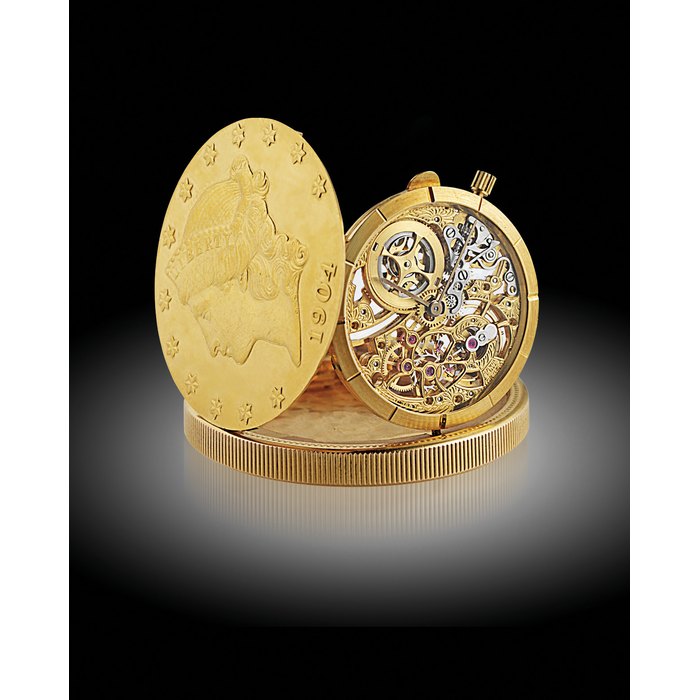 AUDEMARS PIGUET, TWENTY DOLLAR COIN YELLOW GOLD MANUALLY-WOUND SKELETONIZED COIN WATCH CASE B 37554, CIRCA 1995