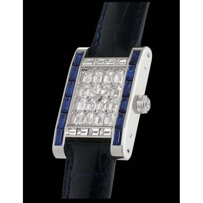 CARTIER, TANK MECANIQUE IMPRESSIVE WHITE GOLD, DIAMOND AND SAPPHIRE-SET MANUALLY-WOUND WRISTWATCH CASE 121882 2622, CIRCA 2002