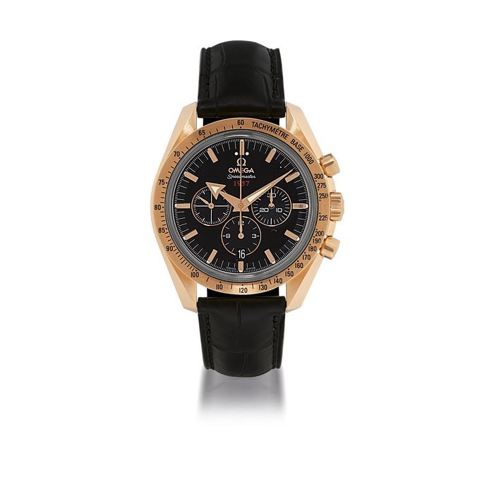 Omega OMEGA, SPEEDMASTER 1957, CO-AXIAL BROAD ARROW PINK GOLD AUTOMATIC CHRONOGRAPH WRISTWATCH WITH DATE CIRCA 2006