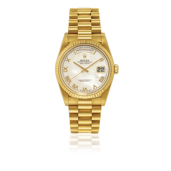 ROLEX, DAY-DATE, REF. 18238 YELLOW GOLD AUTOMATIC WRISTWATCH WITH DAY, DATE , BRACELET AND MOTHER-OF-PEARL DIAL CASE NO. T172143, CIRCA 1994