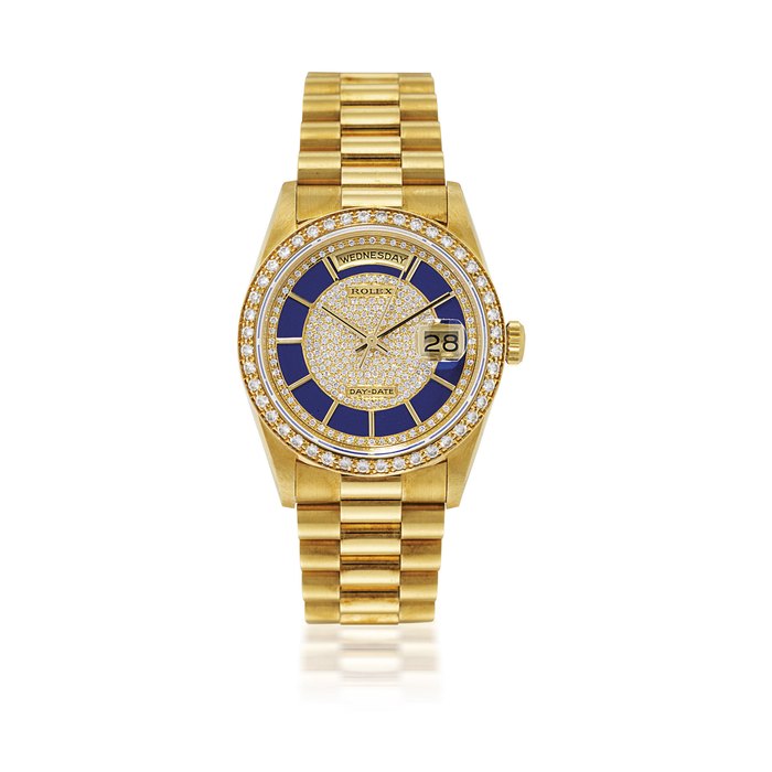 ROLEX, DAY-DATE, REF. 18348 YELLOW GOLD, LAPIS LAZULI AND DIAMOND-SET AUTOMATIC WRISTWATCH WITH DAY, DATE AND BRACELET CASE NO. R702705, CIRCA 1988