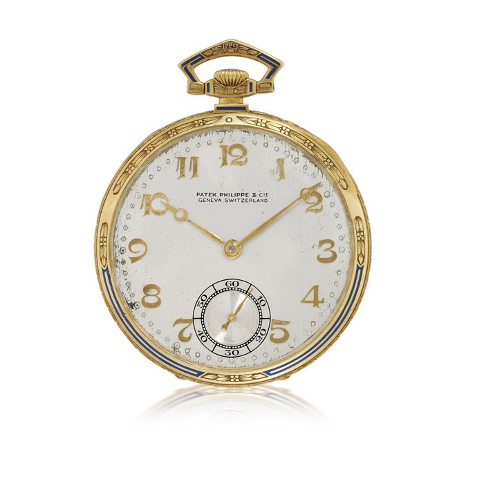 PATEK PHILIPPE YELLOW GOLD AND ENAMEL OPENFACE KEYLESS LEVER POCKET WATCH MOVEMENT 804135, CASE 603419, RETAILED BY HANSEN & COMPANY, SEATTLE, WASHINGTON, MANUFACTURED IN 1923