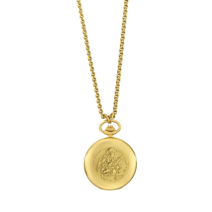 PATEK PHILIPPE, REF. 897 GOLD HUNTER CASE KEYLESS LEVER POCKET WATCH WITH CHAIN, RETAILED BY GUBELIN, LIMITED EDITION OF 100 EXAMPLES MADE TO COMMEMORATE THE 50TH ANNIVERSARY OF THE SWISS FEDERAL TARGET SHOOTING FESTIVAL IN LUCERNE, SWITZERLAND NO. 45 MOVEMENT 1'328'424, CASE 544'084, MANUFACTURED IN 1979