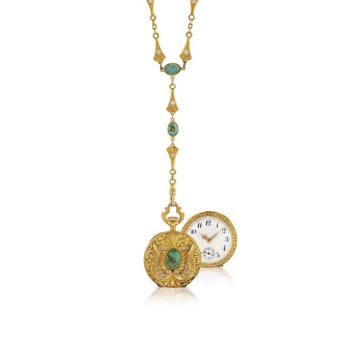 SWISS YELLOW GOLD, TURQUOISE AND DIAMOND KEYLESS LEVER POCKET WATCH WITH MATCHING CHAIN MOVEMENT 1299, CASE 60444, CIRCA 1915