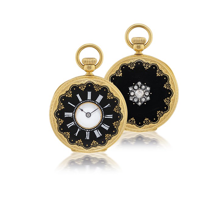 PATEK PHILIPPE YELLOW GOLD, ENAMEL AND DIAMOND, HALF HUNTING CASE PENDANT WATCH NO. 26001, RETAILED BY A.H. RODANET & CIE, 38 RUE VIVIENNE PARIS, CIRCA 1865