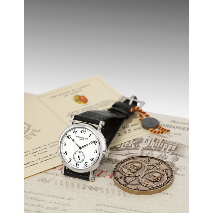 PATEK PHILIPPE, REF. 3960 WHITE GOLD MANUALLY-WOUND OFFICER'S-STYLE WRISTWATCH, LIMITED EDITION OF 150 MADE IN 1989 TO COMMEMORATE PATEK PHILIPPE 150TH ANNIVERSARY MOVEMENT 769447, CASE 2863359, MANUFACTURED IN 1989