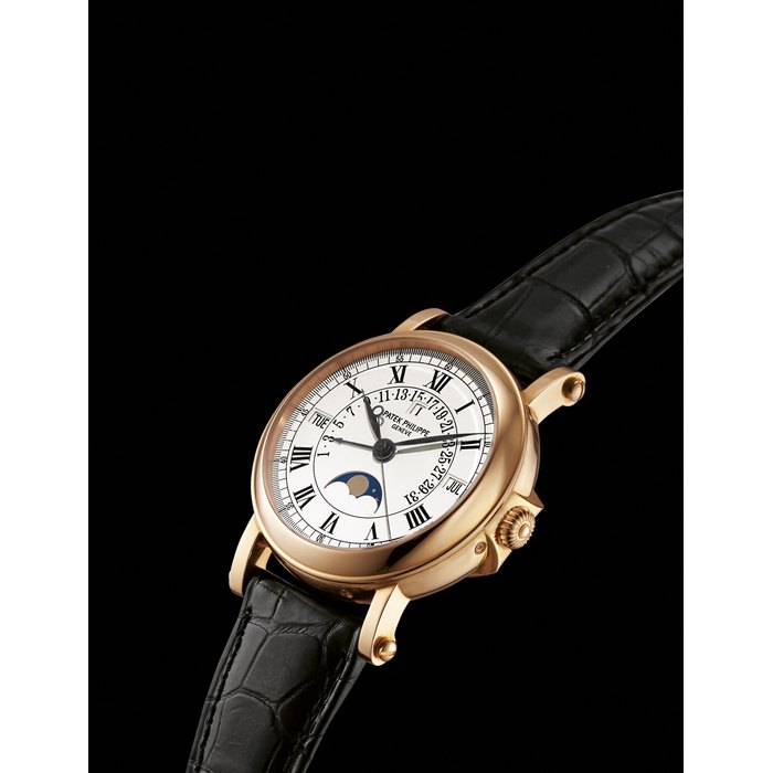 PATEK PHILIPPE, REF. 5059R RARE PINK GOLD AUTOMATIC PERPETUAL CALENDAR OFFICER'S-STYLE WRISTWATCH WITH RETROGRADE DATE AND MOON-PHASES MOVEMENT 1957859, CASE 4063087, MANUFACTURED IN 1999