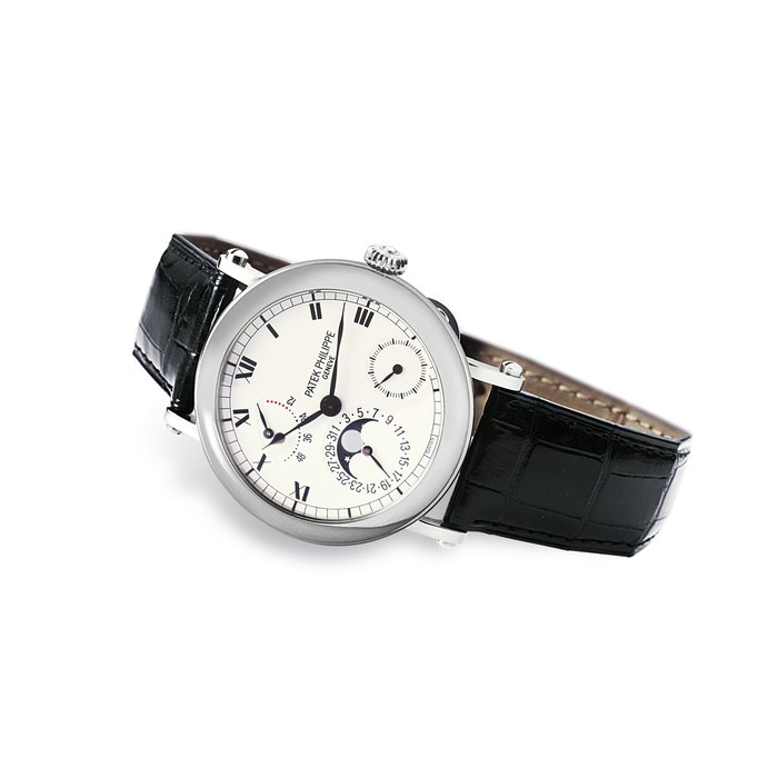 PATEK PHILIPPE, REF. 5054G WHITE GOLD AUTOMATIC OFFICER'S-STYLE WRISTWATCH WITH DATE, MOON PHASE DISPLAY AND POWER RESERVE INDICATION MOVEMENT 3'112'726, CASE 4'097'2194, MANUFACTURED IN 2000