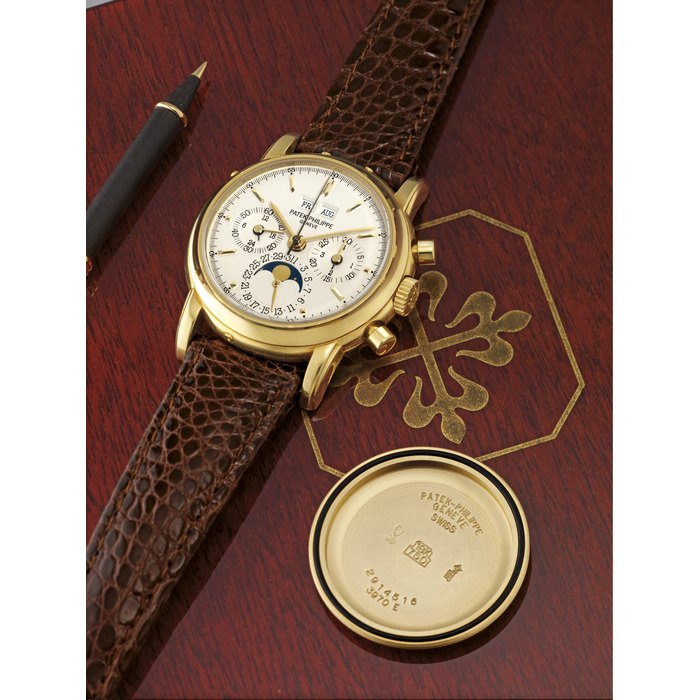 PATEK PHILIPPE, REF. 3970J YELLOW GOLD MANUALLY-WOUND PERPETUAL CALENDAR CHRONOGRAPH WRISTWATCH WITH LEAP YEAR AND MOON PHASE DISPLAY MOVEMENT 876201, CASE 2914516, MANUFACTURED IN 1992