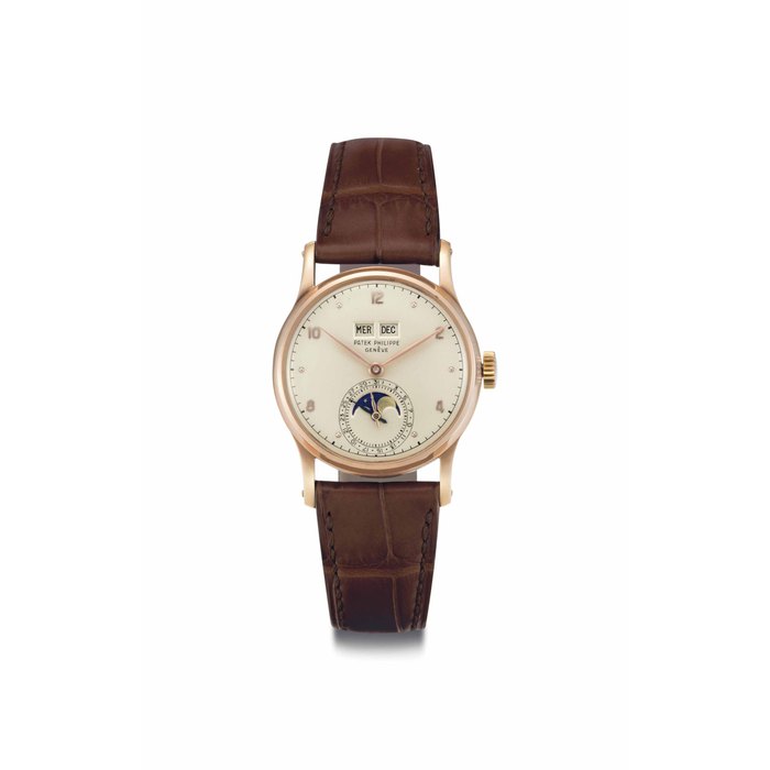 Patek Philippe. A Very Fine and Rare 18k Pink Gold Perpetual Calendar Wristwatch with Phases of the Moon SIGNED PATEK PHILIPPE, GENÈVE, REF. 1526, MOVEMENT NO. 966'933, CASE NO. 663'009, MANUFACTURED IN 1951