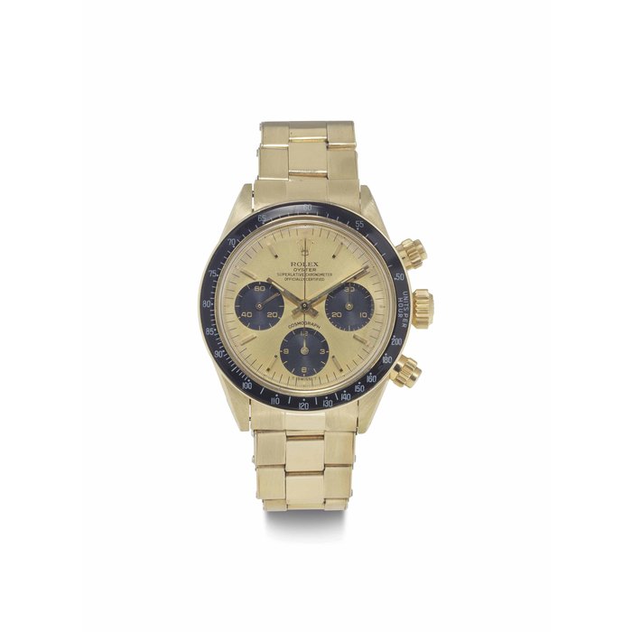 Rolex. A Fine and Rare 14k Gold Chronograph Wristwatch with Bracelet SIGNED ROLEX, OYSTER, COSMOGRAPH, REF. 6263, CASE NO. 3'609'165, CIRCA 1972