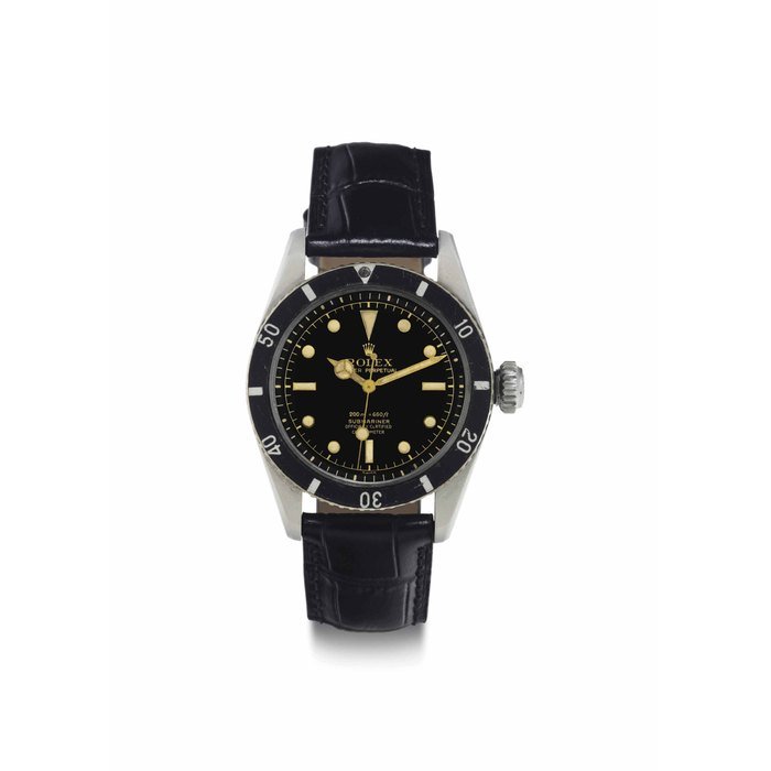Rolex Rolex. An Extremely Rare and Early Stainless Steel Automatic Wristwatch with Center Seconds and Gilt Four-Line Dial SIGNED ROLEX, OYSTER PERPETUAL, 200M=660FT, SUBMARINER, OFFICIALLY CERTIFIED CHRONOMETER, REF. 6538, CASE NO. 158'299, CIRCA 1956