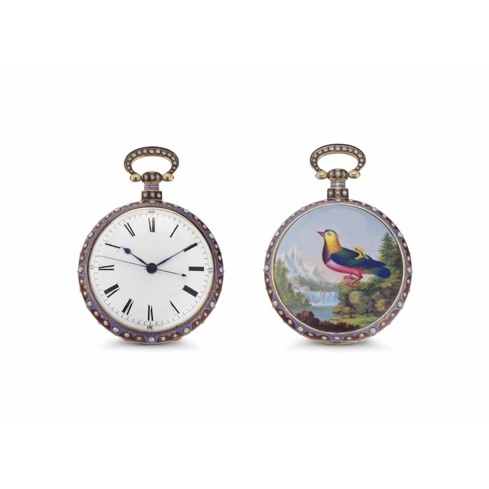 Bovet Fleurier. A Fine and Rare 18k Gold, Enamel and Pearl-set Openface Duplex Pocket Watch with Center Seconds Made for the Chinese Market SIGNED BOVET FLEURIER, NO. 663, LATE 19TH CENTURY