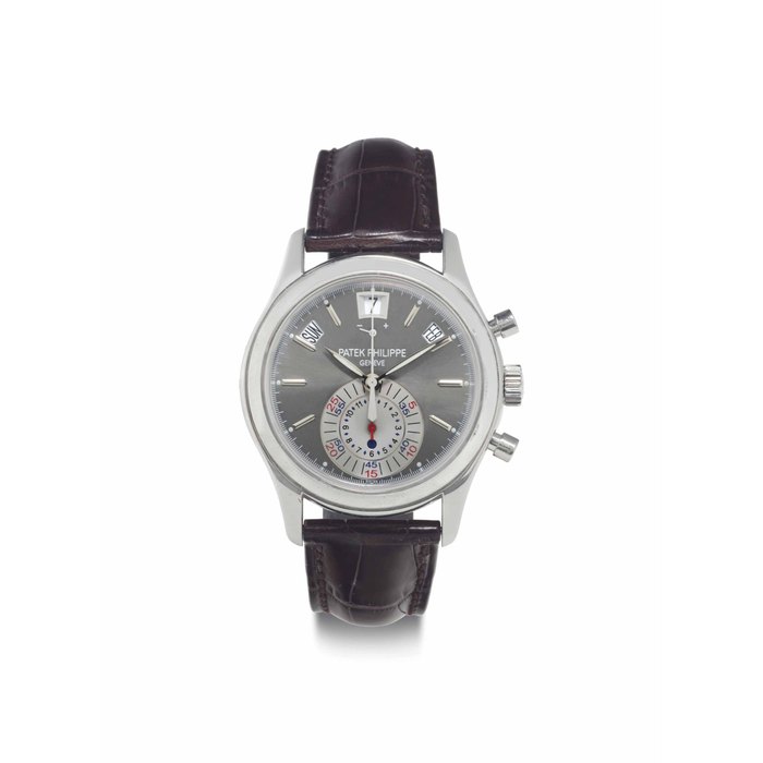 Patek Philippe. A Fine Platinum Automatic Annual Calendar Flyback Chronograph Wristwatch with Power Reserve and Day and Night Indicator SIGNED PATEK PHILIPPE, GENÈVE, REF. 5960, MOVEMENT NO. 3'500'460, CASE NO. 4'392'089, MANUFACTURED IN 2006