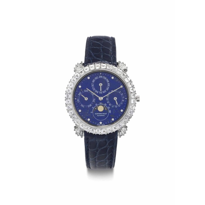 Audemars Piguet. A Unique Platinum and Diamond-Set Automatic Perpetual Calendar Wristwatch with Lapis Lazuli Dial and Moon Phases SIGNED AUDEMARS PIGUET, QUANTIEME PERPETUEL AUTOMATIQUE, NO. 1/1, REF. NO. 25738, MOVEMENT NO. 367'566, CASE NO. D30280, MANUFACTURED IN 1991