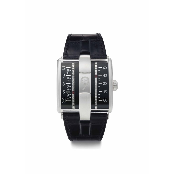 Harry Winston Harry Winston, Jean-Marc Wiederrecht & Eric Giroud. A Very Fine 18k White Gold, Diamond and Ruby-Set Limited Edition Automatic Oversized Wristwatch with Belt Time Indication SIGNED HARRY WINSTON, JEAN-MARC WIEDERRECHT & ERIC GIROUD, OPUS 9 MODEL, NO. 042/100, CIRCA 2009, Price & Market Data