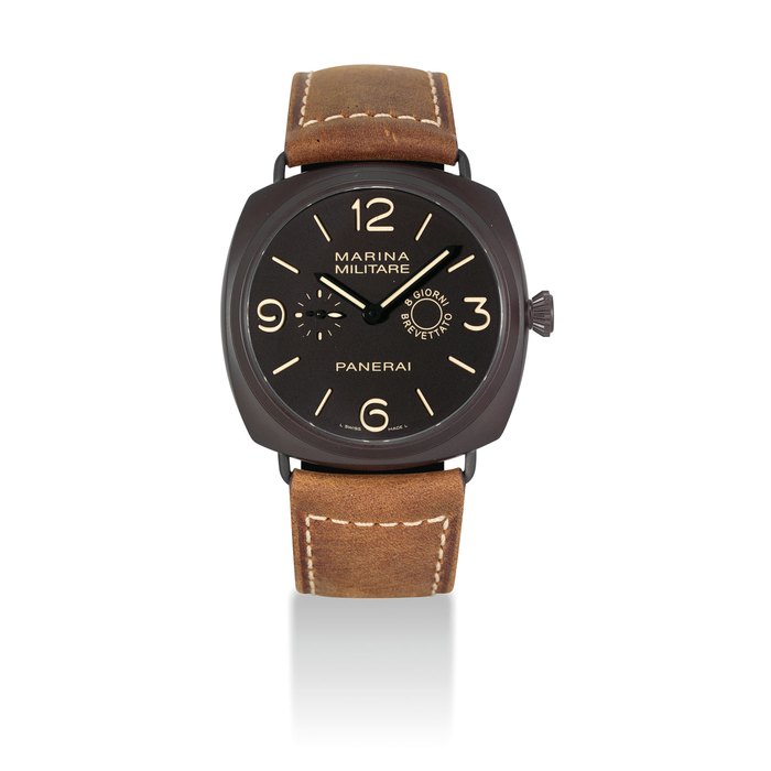 PANERAI. A FINE AND RARE COMPOSITE LIMITED EDITION CUSHION-SHAPED 8 DAY POWER RESERVE WRISTWATCH SIGNED PANERAI, MARINA MILITARE, RADIOMIR COMPOSITE MARINA MILITARE 8 GIORNI MODEL, NO. M1223/1500, REF. OP6806, PAM00339, MOVEMENT NO. 15'398, CASE NO. DT1853568, MANUFACTURED IN 2010