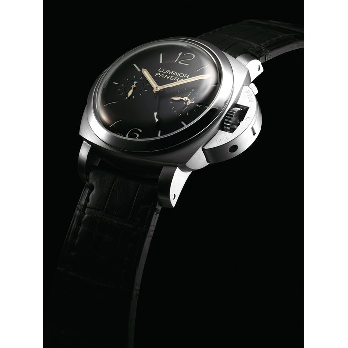 PANERAI. A VERY FINE, RARE AND OVERSIZED STAINLESS STEEL LIMITED EDITION CUSHION-SHAPED HALF MINUTE TOURBILLON DUAL TIME WRISTWATCH WITH 6 DAY POWER RESERVE AND DAY AND NIGHT INDICATION SIGNED PANERAI, LUMINOR 1950 TOURBILLON GMT MODEL, NO. J092/100, REF. OP6709, PAM00276, CASE NO. BB 1259927, MANUFACTURED IN 2007