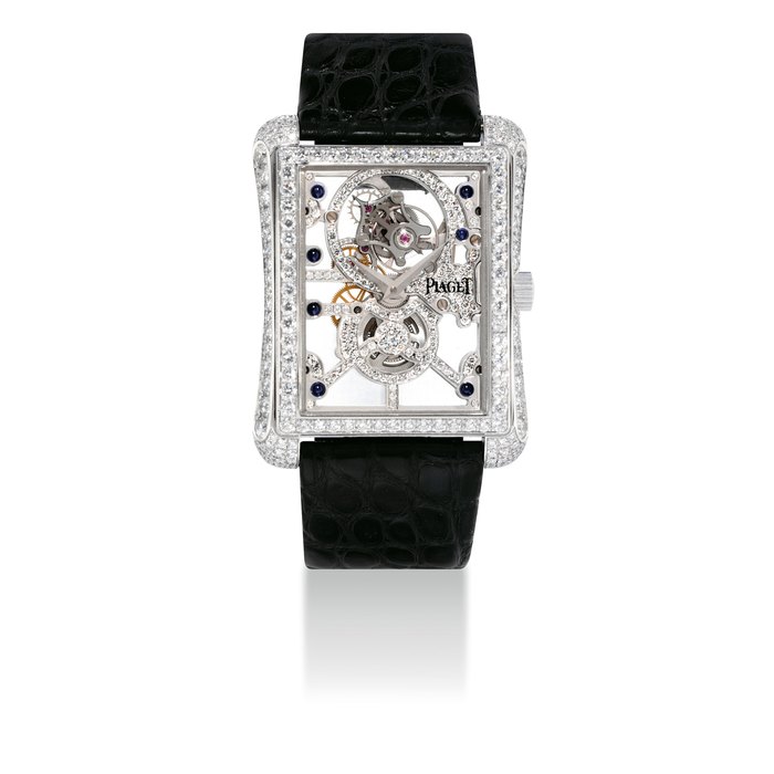 PIAGET. A VERY FINE AND RARE 18K WHITE GOLD AND DIAMOND-SET RECTANGULAR SKELETONISED TOURBILLON WRISTWATCH SIGNED PIAGET, BLACK TIE EMPERADOR TOURBILLON MODEL, NO. 3, REF. P10298, CASE NO. 931'534, MANUFACTURED IN 2005