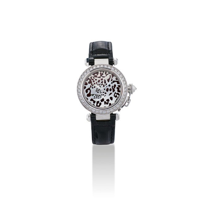 Cartier CARTIER. A FINE AND RARE 18K WHITE GOLD AND DIAMOND-SET LIMITED EDITION AUTOMATIC WRISTWATCH WITH SWEEP CENTRE SECONDS AND CHAMPLEVÉ ENAMEL DIAL SIGNED CARTIER, PASHA MODEL, NO. 16/20, REF. 2528, CIRCA 2000