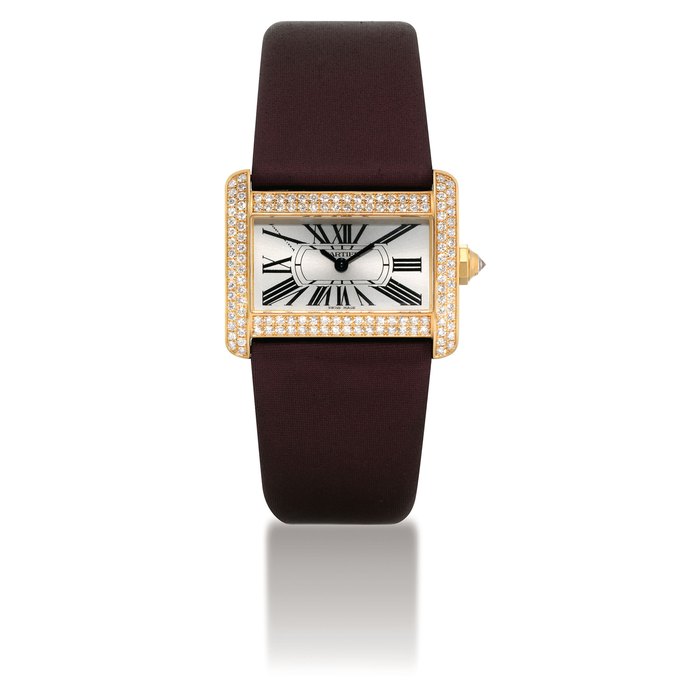 CARTIER. A LADY'S FINE 18K PINK GOLD AND DIAMOND-SET RECTANGULAR WRISTWATCH SIGNED CARTIER, TANK DIVAN MODEL, REF. 2601, CASE NO. 998472CD, CIRCA 2005