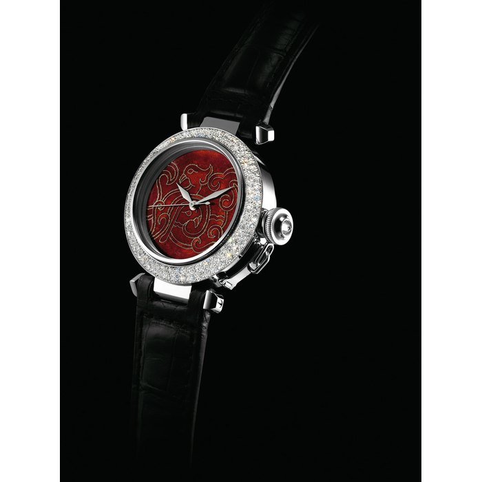 Cartier CARTIER. A FINE AND RARE 18K WHITE GOLD AND DIAMOND-SET LIMITED EDITION AUTOMATIC WRISTWATCH WITH SWEEP CENTRE SECONDS AND CLOISONNÉ ENAMEL DIAL SIGNED CARTIER, PASHA MODEL, NO. 18/20, REF. 2536, CIRCA 2000