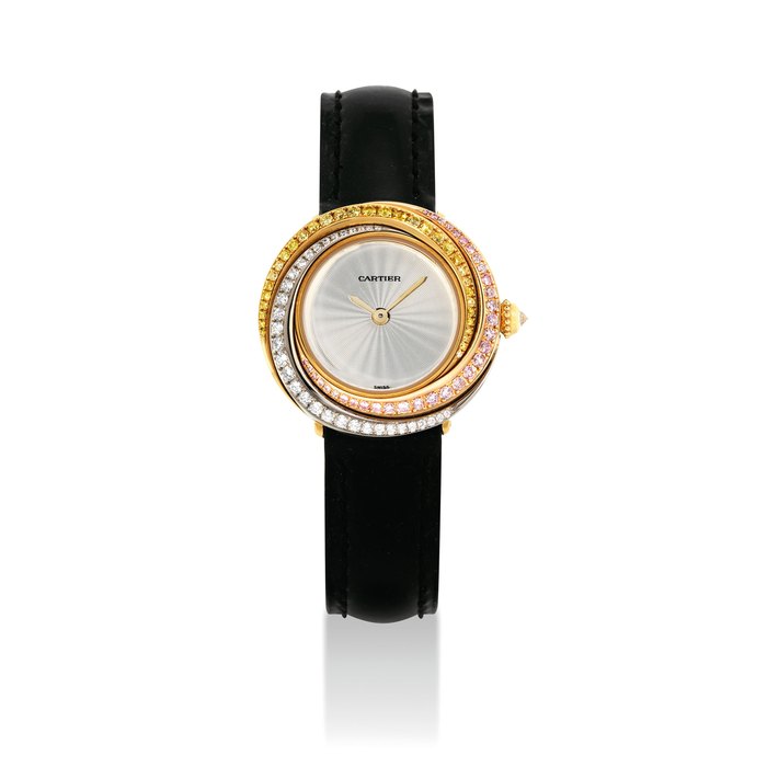 CARTIER. A LADY'S FINE 18K THREE-COLOUR GOLD, DIAMOND, YELLOW AND PINK DIAMOND-SET WRISTWATCH SIGNED CARTIER, TRINITY MODEL, REF. 2357, CASE NO. CC562528, CIRCA 2000