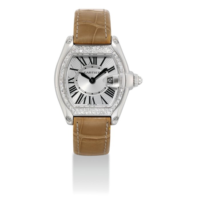 CARTIER. A LADY'S FINE 18K WHITE GOLD AND DIAMOND-SET TONNEAU-SHAPED WRISTWATCH SIGNED CARTIER, ROADSTER MODEL, REF. 2723, CASE NO. 75993CE, CIRCA 2004