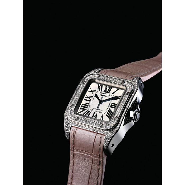 CARTIER. A LADY'S FINE 18K WHITE GOLD AND DIAMOND-SET SQUARE AUTOMATIC WRISTWATCH WITH SWEEP CENTRE SECONDS SIGNED CARTIER, AUTOMATIC, SANTOS 100 MODEL, REF. 2881, CASE NO. 112130LX, CIRCA 2010