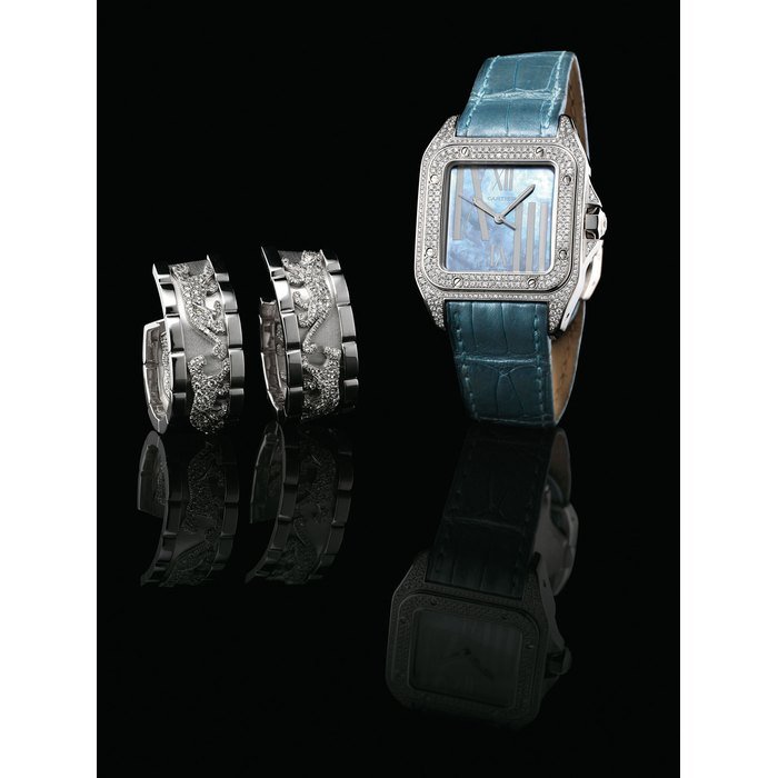 Cartier CARTIER. A LADY'S FINE 18K WHITE GOLD AND DIAMOND-SET SQUARE AUTOMATIC WRISTWATCH WITH SWEEP CENTRE SECONDS AND MOTHER-OF-PEARL DIAL AND A PAIR OF 18K WHITE GOLD AND DIAMOND-SET EARRINGS SIGNED CARTIER, SANTOS 100 MODEL, REF. 2881, CASE NO. 87862MX, CIRCA 2009