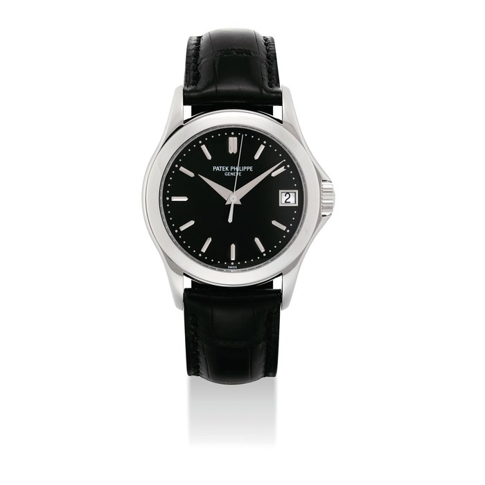 PATEK PHILIPPE. A VERY FINE PLATINUM AUTOMATIC WRISTWATCH WITH SWEEP CENTRE SECONDS, DATE, BLACK DIAL, ORIGINAL CERTIFICATE AND BOX SIGNED PATEK PHILIPPE, GENEVE, REF. 5107, MOVEMENT NO. 3'401'691, CASE NO. 4'295'608, CIRCA 2007