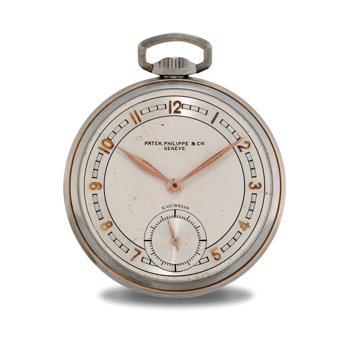 PATEK PHILIPPE. A RARE STAINLESS STEEL AND PINK GOLD OPENFACE KEYLESS LEVER DRESS WATCH WITH THREE-TONE SILVERED DIAL SIGNED PATEK PHILIPPE & CIE, GENEVA, RETAILED BY GÜBELIN, MOVEMENT NO. 824'092, CASE NO. 612'423, MANUFACTURED IN 1930