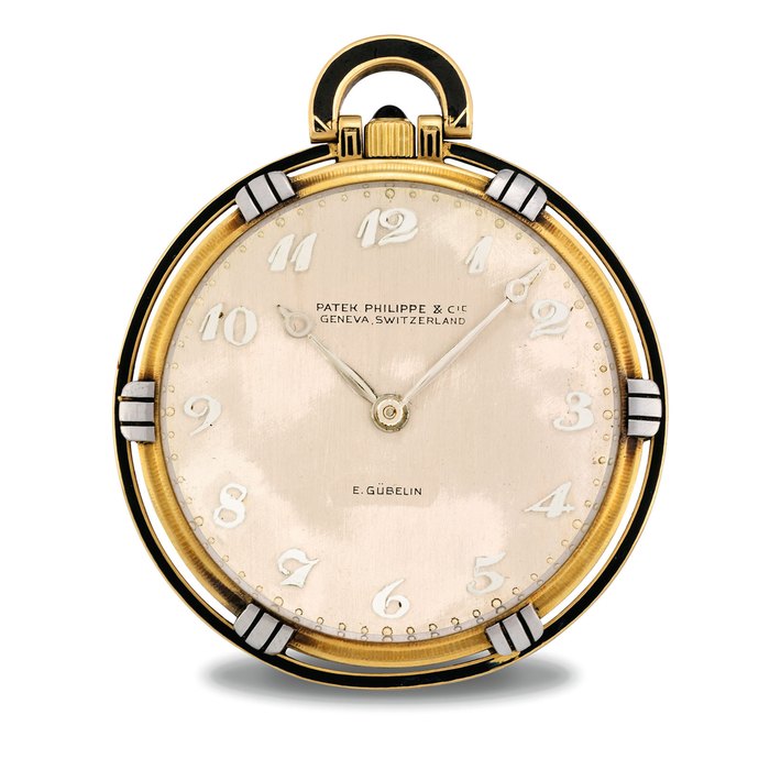 PATEK PHILIPPE. A VERY RARE PLATINUM AND 18K GOLD OPENFACE KEYLESS LEVER WATCH WITH BLACK ENAMEL DECORATION AND BREGUET NUMERALS SIGNED PATEK PHILIPPE & CIE, GENEVA, SWITZERLAND, RETAILED BY E. GÜBELIN, MOVEMENT NO. 812'314, CASE NO. 604'000, MANUFACTURED IN 1925