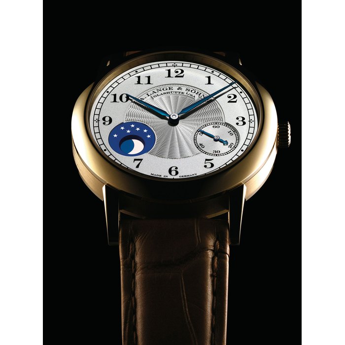 A. LANGE & SÖHNE. A VERY FINE AND RARE 18K HONEY GOLD LIMITED EDITION WRISTWATCH WITH MOON PHASES SIGNED A. LANGE & SÖHNE, GLASHÜTTE I/SA, HOMAGE TO F.A. LANGE 1815 MOONPHASE MODEL, NO. 207/265, REF. 212.050, MOVEMENT NO. 84'080, CASE NO. 194'042, CIRCA 2010