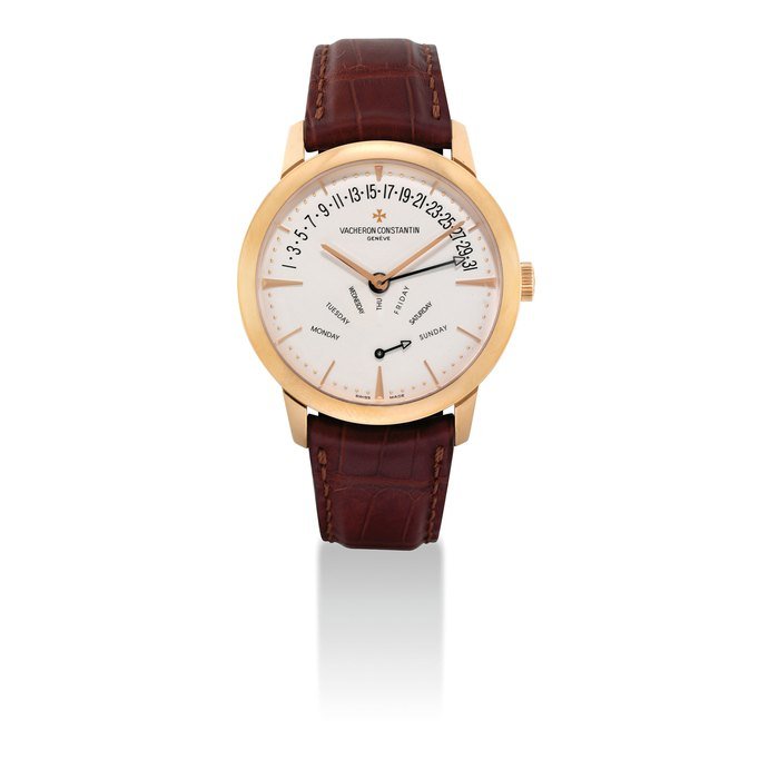 Vacheron Constantin VACHERON CONSTANTIN. A FINE 18K PINK GOLD AUTOMATIC BI-RETROGRADE WRISTWATCH WITH DAY AND DATE SIGNED VACHERON CONSTANTIN, GENEVE, PATRIMONY CONTEMPORAINE RETROGRADE DAY AND DATE MODEL, REF. 86020, MOVEMENT NO. 5'148'998, CASE NO. 1'128'479, CIRCA 2008