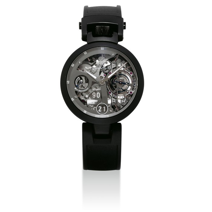 BOVET. A FINE AND RARE TITANIUM AND DLC COATED STAINLESS STEEL LIMITED EDITION AUTOMATIC SEMI-SKELETONISED TOURBILLON CONVERTIBLE TIMEPIECE WITH DATE AND POWER RESERVE, MADE FOR PININFARINA'S 80TH ANNIVERSARY SIGNED BOVET, 1822, PININFARINA AMADEO TOURBILLON OTTANTA MODEL, NO. 18/80, REF. TPIN001-18, CASE NO. 14'441, CIRCA 2011